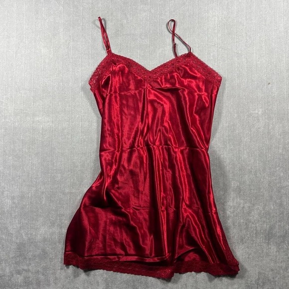 Valerie Stevens Other - Valerie Stevens Red Satin Lace Trim Mini Slip Dress Nightgown Size M